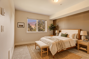 Seattle apartment for rent - A bedroom with a large bed and a window overlooking a forest.