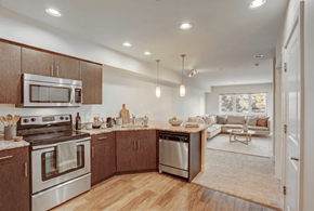 Seattle apartment for rent - A modern kitchen with wooden cabinets and stainless steel appliances.