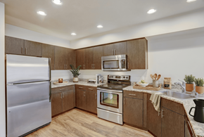 Seattle apartment for rent - A kitchen with wooden cabinets and stainless steel appliances.