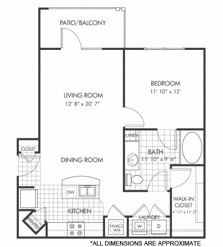 Floor plan for 1 bed, 1 bath, 744 sqft