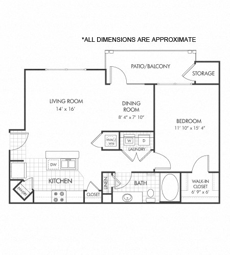 Floor plan for 1 bed, 1 bath, 797 sqft