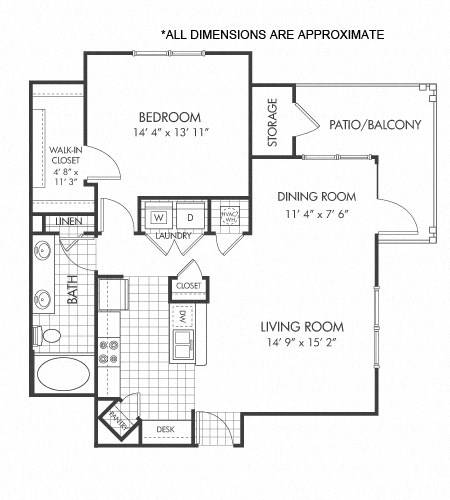 Floor plan for 1 bed, 1 bath, 871 sqft