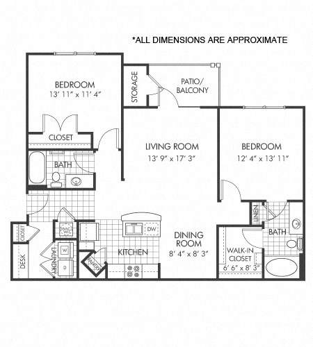 Floor plan for 2 beds, 2 baths, 1141 sqft