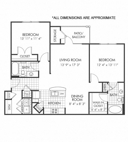Floor plan for 2 beds, 2 baths, 1141 sqft