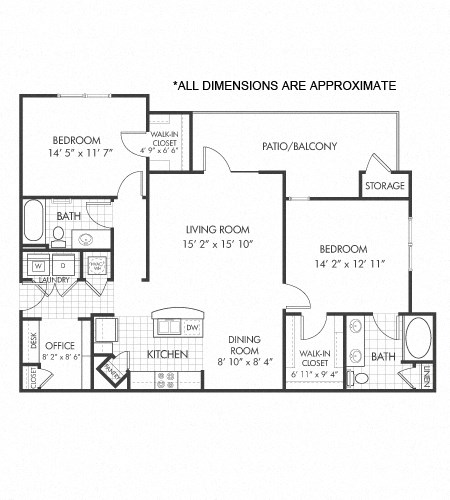Floor plan for 2 beds, 2 baths, 1236 sqft