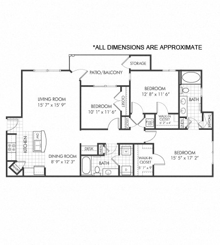 Floor plan for 3 beds, 2 baths, 1365 sqft