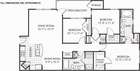 Floor plan for 3 beds, 2 baths, 1365 sqft