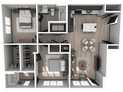 Floor plan for 2 beds, 2 baths, 1105 sqft