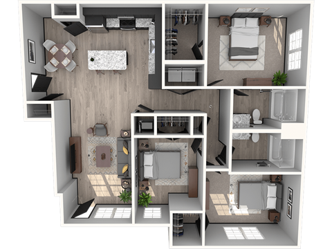 Floor plan for 3 beds, 2 baths, 1334 sqft