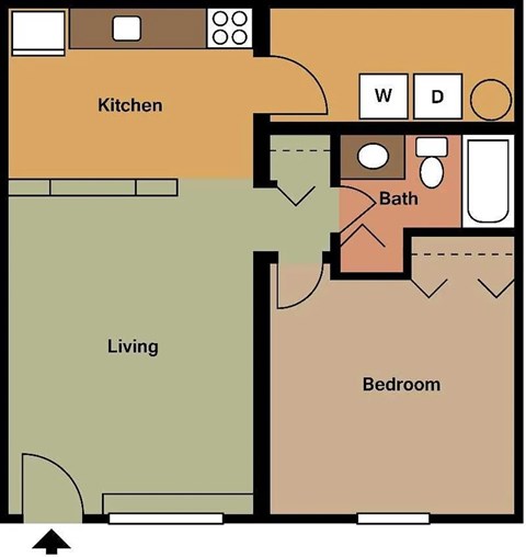 Floor plan for 1 bed, 1 bath, 576 sqft