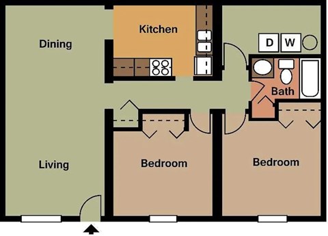Floor plan for 2 beds, 1 bath, 864 sqft