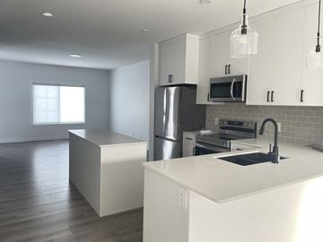Edmonton apartment for rent - an updated kitchen with white cabinets and stainless steel appliances