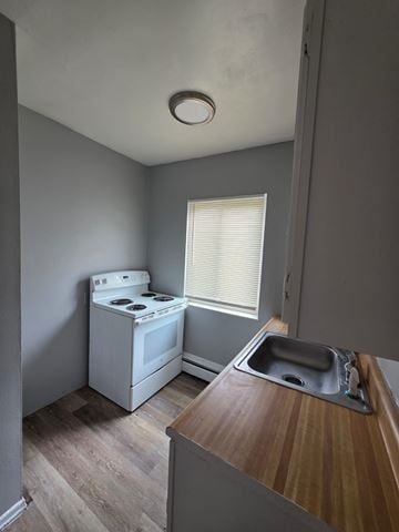 Cincinnati apartment for rent - A small kitchen with a stove and sink.