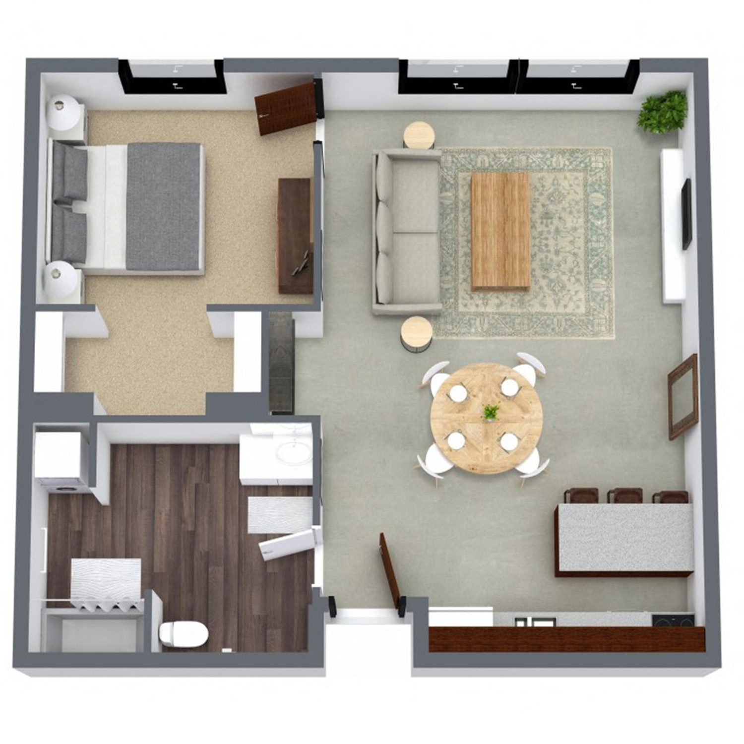 Floor plan for 1 bed, 1 bath, 710 sqft