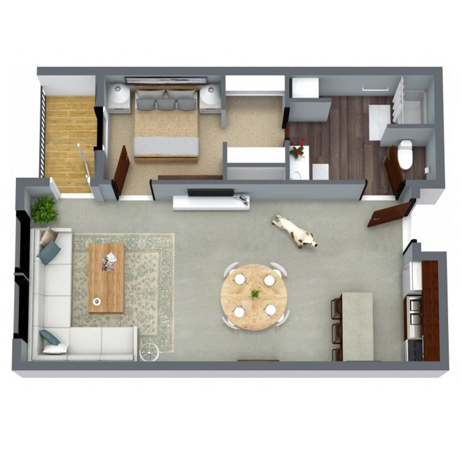 Floor plan for 1 bed, 1 bath, 735 sqft