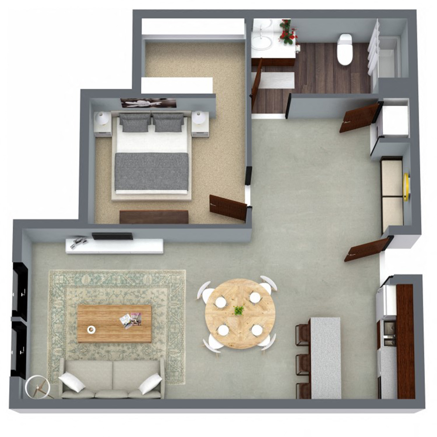 Floor plan for 1 bed, 1 bath, 708 sqft