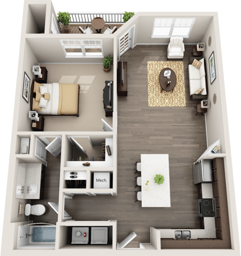 Floor plan for 1 bed, 1 bath, 911 sqft