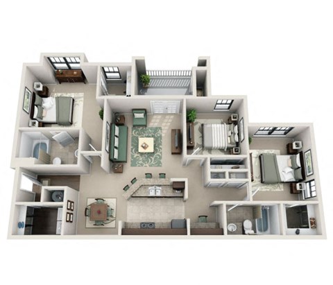 Floor plan for 3 beds, 2 baths, 1398 sqft