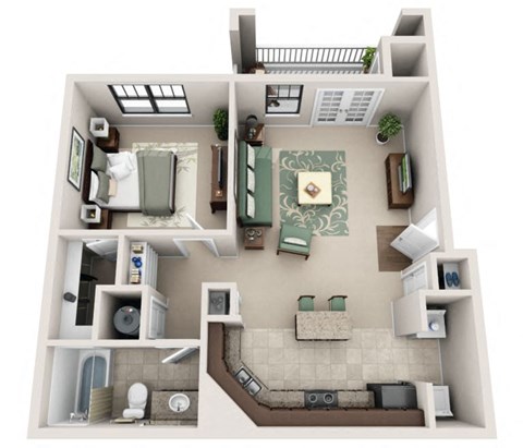 Floor plan for 1 bed, 1 bath, 727 sqft