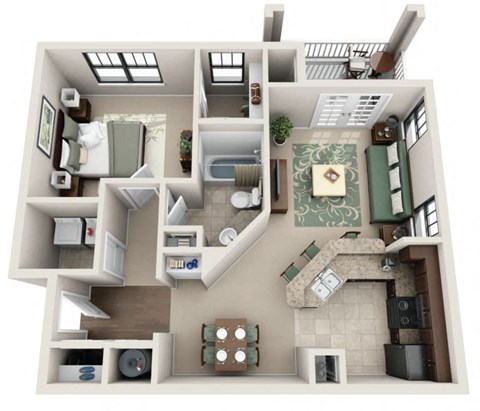 Floor plan for 1 bed, 1 bath, 929 sqft