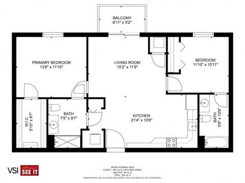 Floor plan for 2 beds, 2 baths, 980 sqft