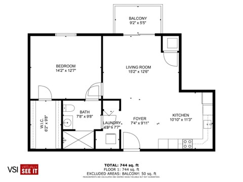 Floor plan for 1 bed, 1 bath, 755 sqft