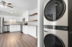 Naperville apartment for rent - A modern kitchen with a washing machine on the counter.
