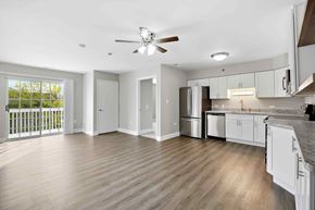 Naperville apartment for rent - A spacious kitchen and living room with wooden floors and white walls.