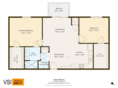 Floor plan for 2 beds, 1 bath, 980 sqft