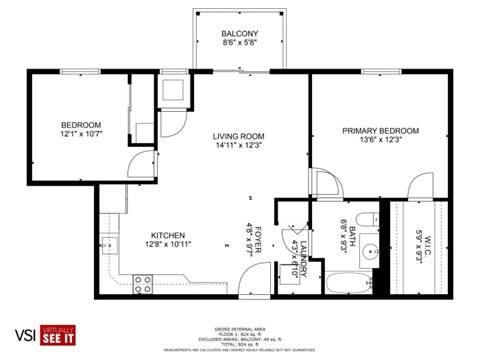 Floor plan for 2 beds, 1 bath, 900 sqft