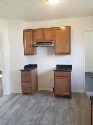 Warren house for rent - A kitchen with wooden cabinets and black countertops.