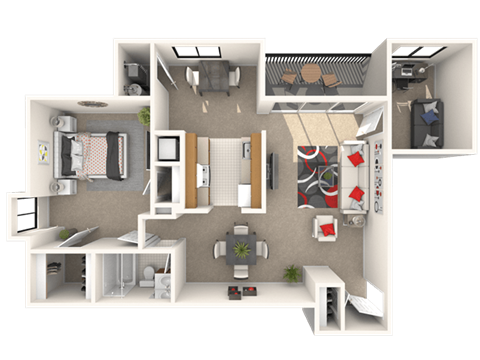 Floor plan for 1 bed, 1 bath, 858 sqft