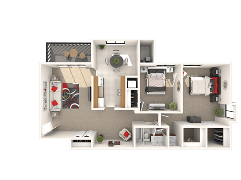Floor plan for 2 beds, 1 bath, 978 sqft