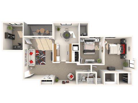 Floor plan for 2 beds, 1 bath, 1069 sqft