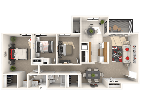 Floor plan for 3 beds, 2 baths, 1196 sqft