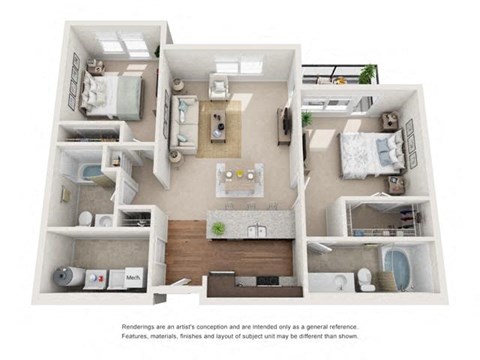 Floor plan for 2 beds, 2 baths, 1205 sqft