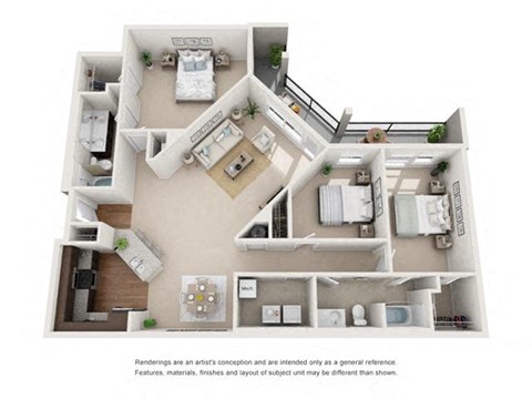 Floor plan for 3 beds, 2 baths, 1543 sqft