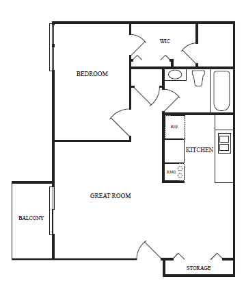 Floor plan for 1 bed, 1 bath, 800 sqft