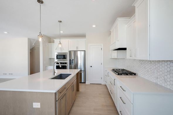 Woodbury house for rent - A modern kitchen with a white countertop and stainless steel appliances.
