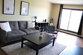 Hinton apartment for rent - A living room with a grey sofa, a black coffee table, and a small shelf with a guitar on it.