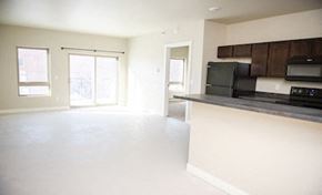 Fargo apartment for rent - an empty living room and kitchen with a black stove and refrigerator