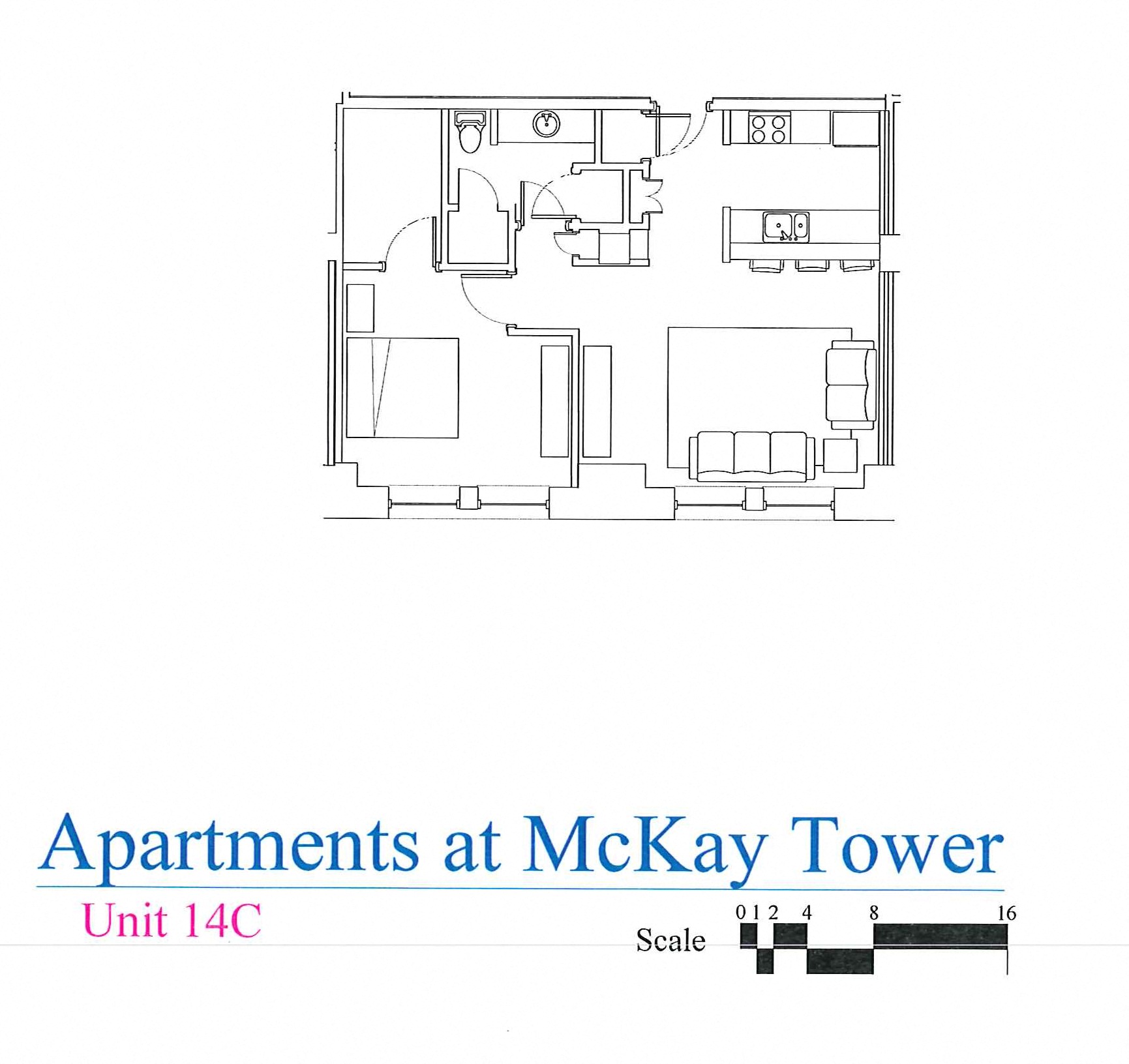 Floor plan for 1 bed, 1 bath, 807 sqft