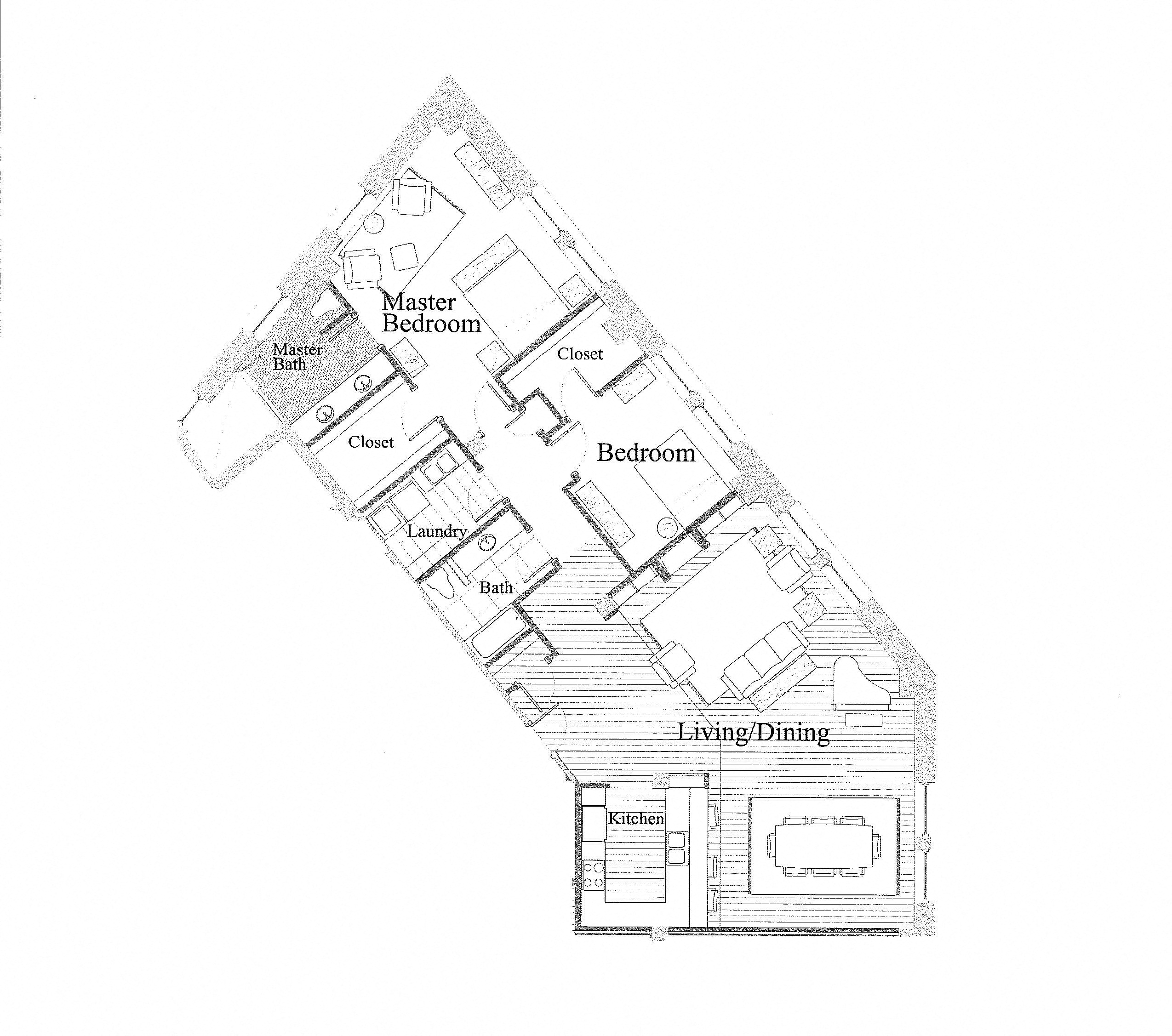 Floor plan for 2 beds, 2 baths, 2025 sqft