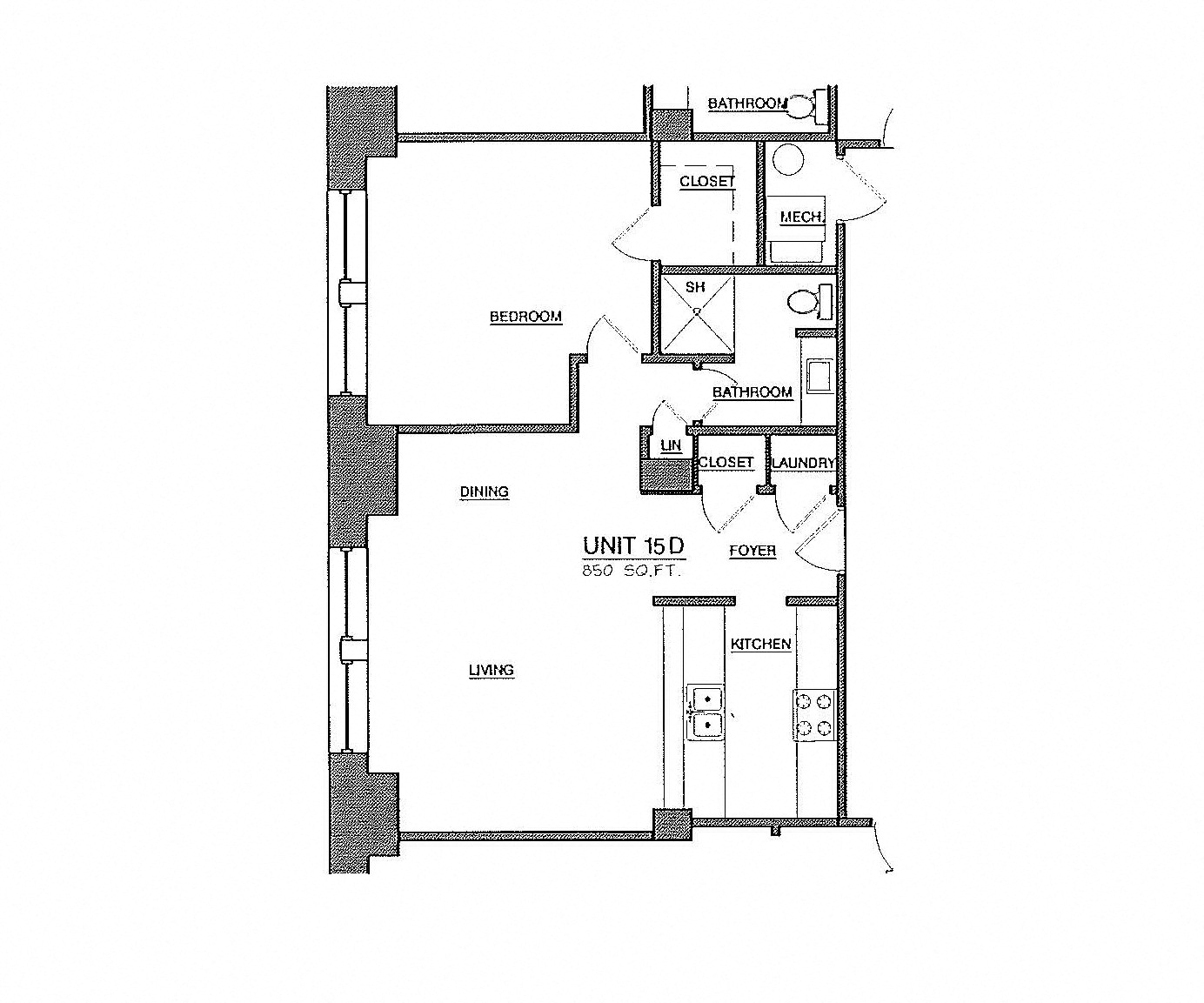 Floor plan for 1 bed, 1 bath, 798 sqft