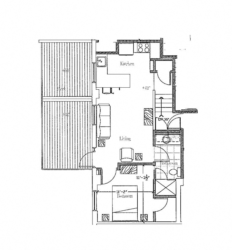 Floor plan for 1 bed, 1 bath, 587 sqft
