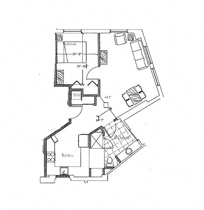 Floor plan for 1 bed, 1 bath, 656 sqft