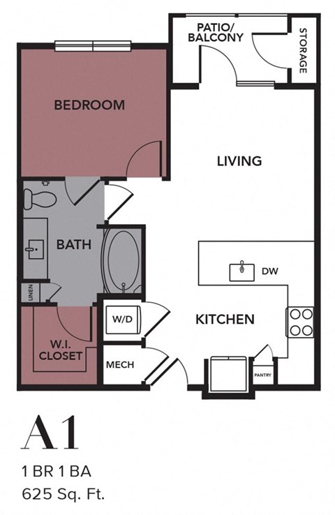 Floor plan for 1 bed, 1 bath, 625 sqft