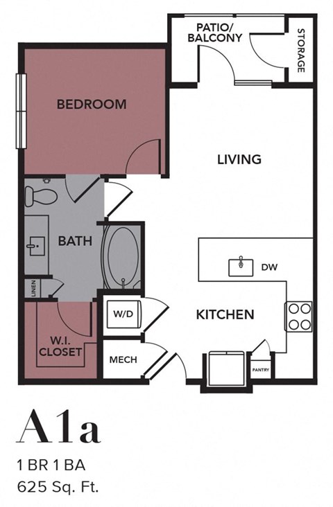 Floor plan for 1 bed, 1 bath, 625 sqft