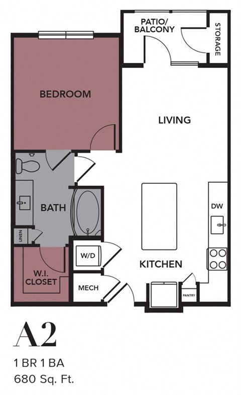 Floor plan for 1 bed, 1 bath, 680 sqft