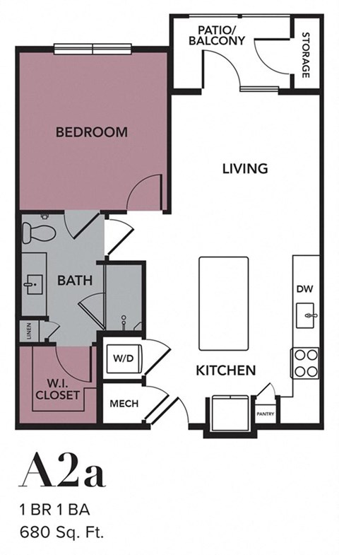 Floor plan for 1 bed, 1 bath, 680 sqft